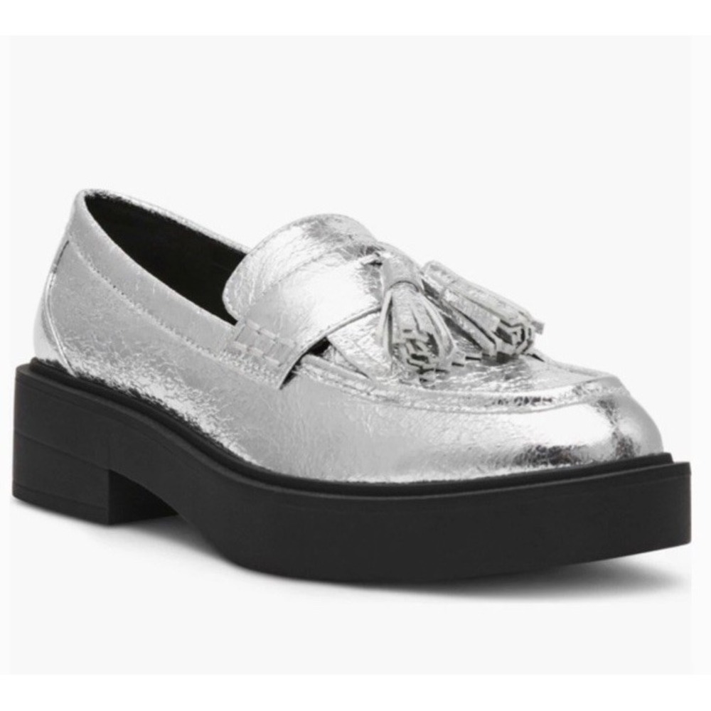 Silver Tassel Loafers with Chunky Black Sole